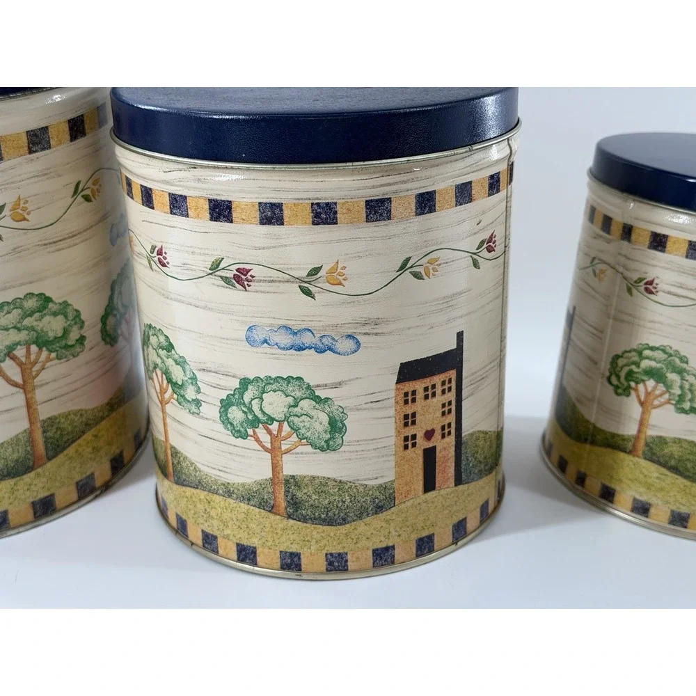 Vintage 90's Cottagecore Nesting Tin Canisters Floral Pattern Country House Blue